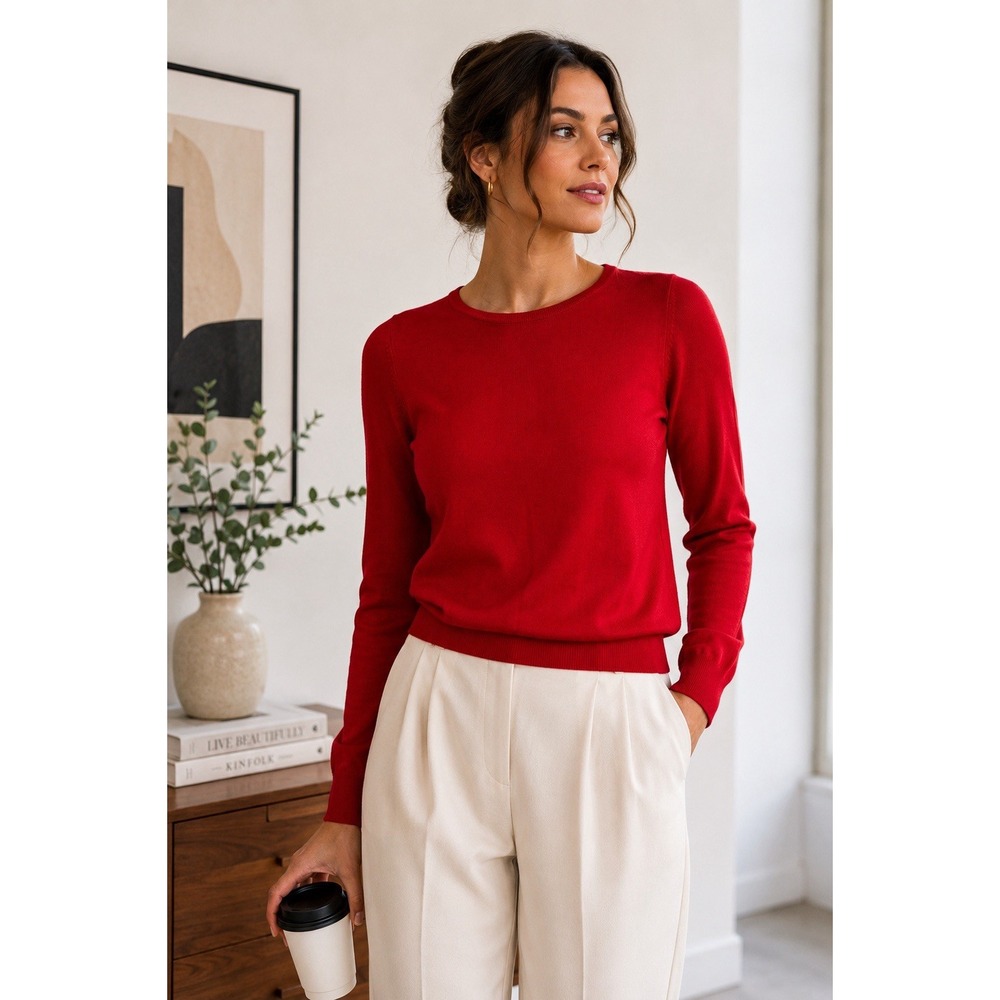 Paul Costelloe 100% Merino Wool Red Crewneck Sweater M Quiet Luxury Fine Knit